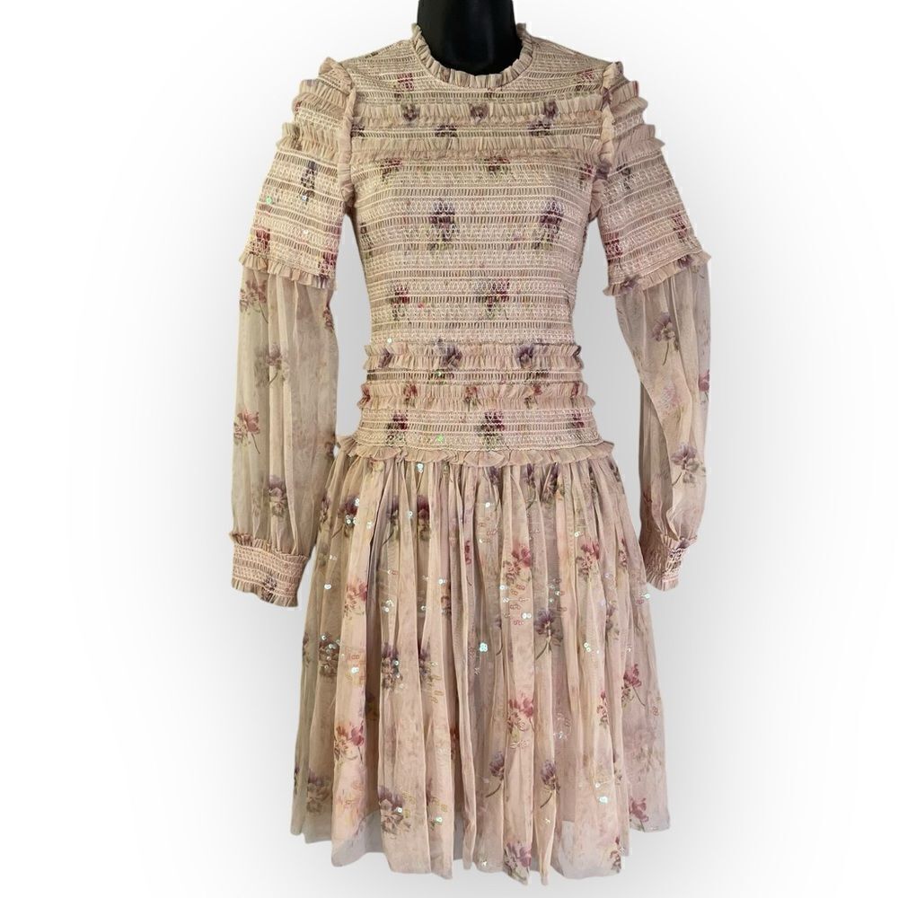 Needle & Thread Sequin Mini Dress with Sheer Sleeves in Dusty Mauve Pink Floral